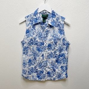 VTG Lauren Ralph Lauren Sz 10 Rose Floral Blue White Button Up Sleeveless Blouse